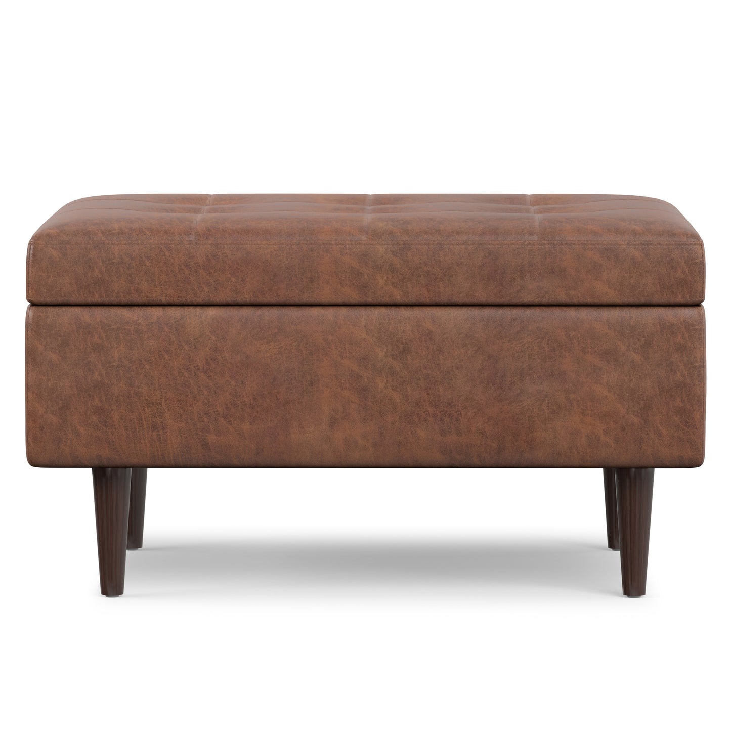 Distressed Saddle Brown Distressed Vegan Leather | Shay Mid Century Small Square Coffee Table Storage Ottoman