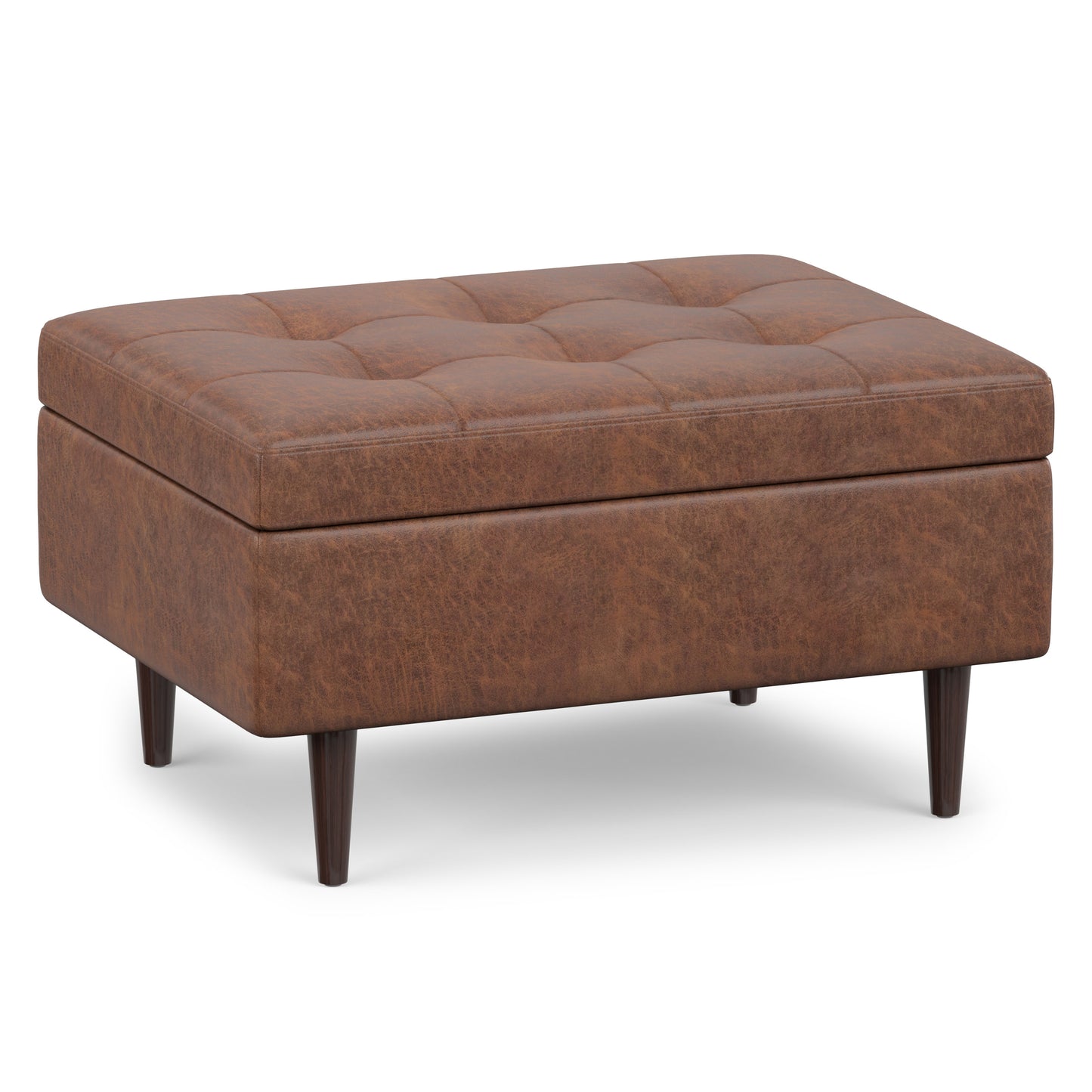 Distressed Saddle Brown Distressed Vegan Leather | Shay Mid Century Small Square Coffee Table Storage Ottoman