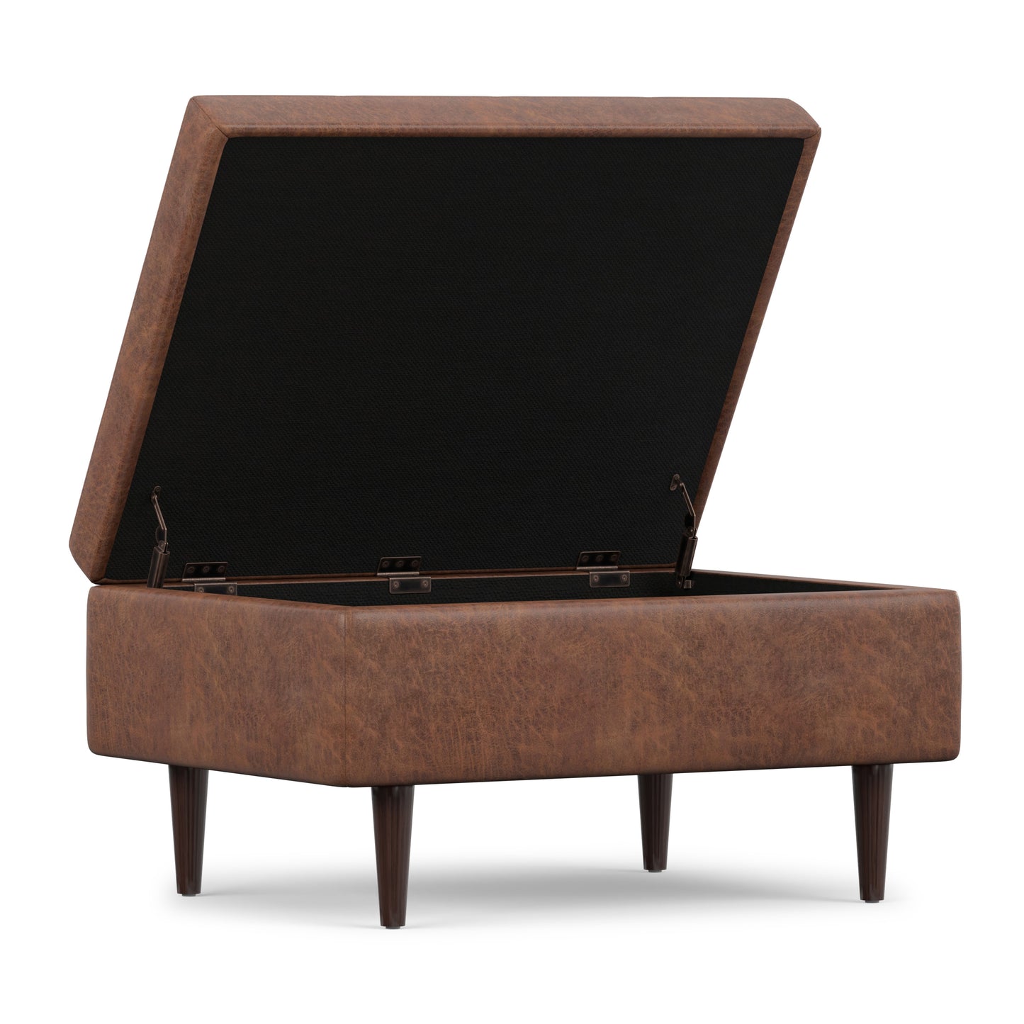 Distressed Saddle Brown Distressed Vegan Leather | Shay Mid Century Small Square Coffee Table Storage Ottoman