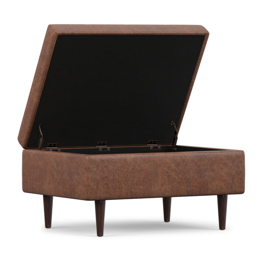Distressed Saddle Brown Distressed Vegan Leather | Shay Mid Century Small Square Coffee Table Storage Ottoman