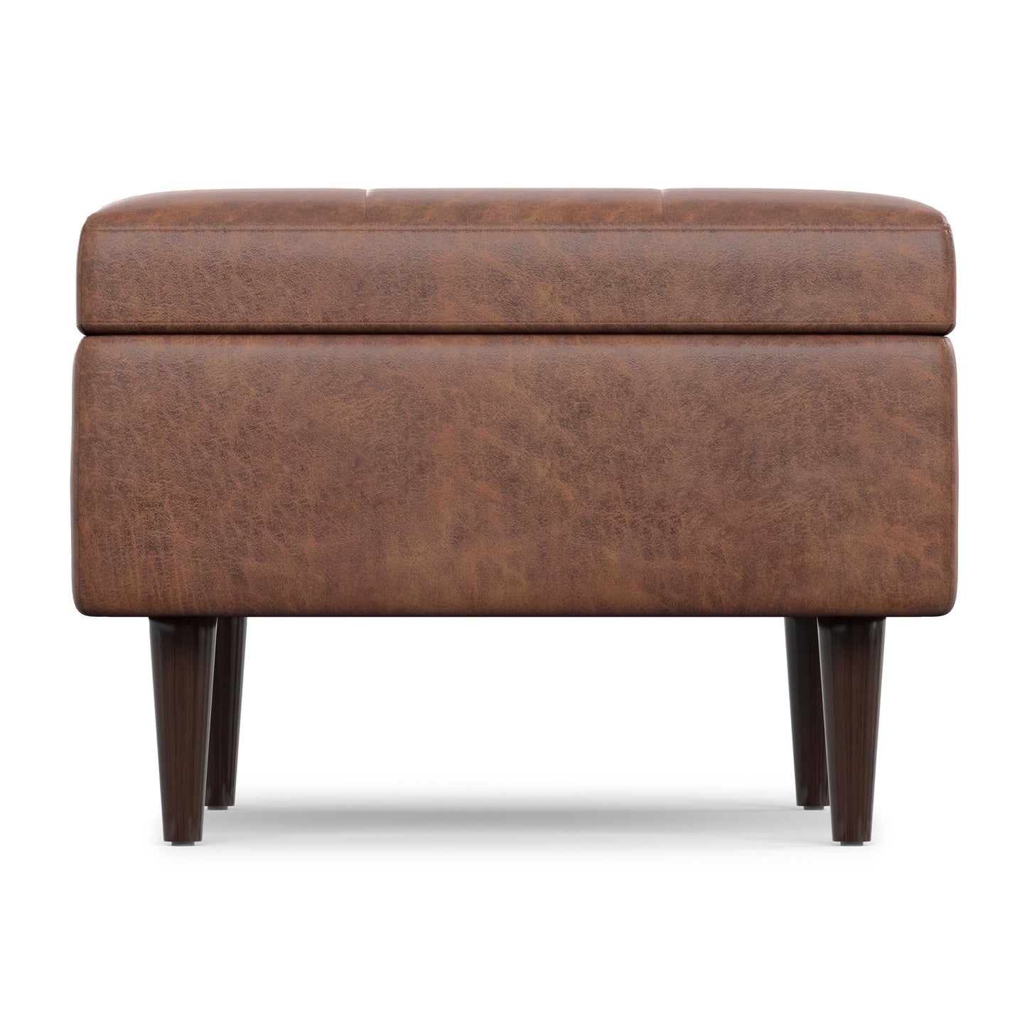 Distressed Saddle Brown Distressed Vegan Leather | Shay Mid Century Small Square Coffee Table Storage Ottoman