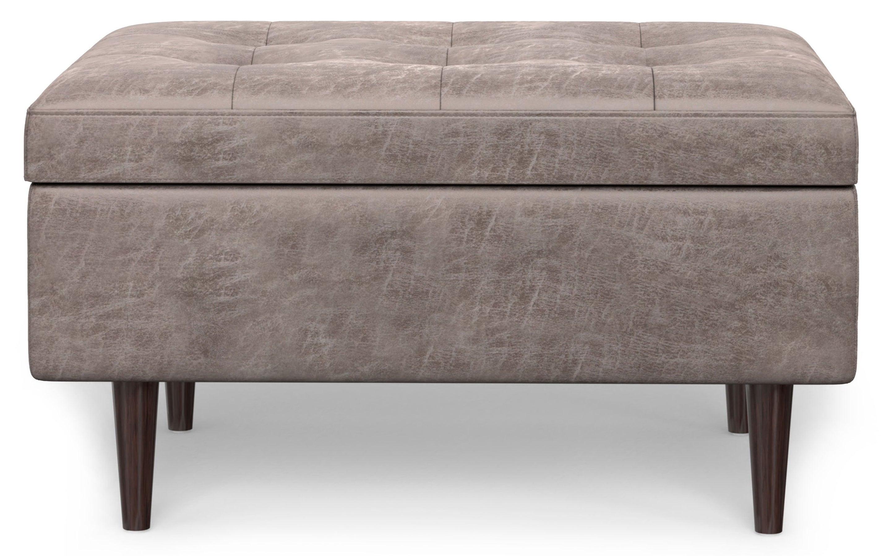 Distressed Grey Taupe Distressed Vegan Leather | Shay Mid Century Small Square Coffee Table Storage Ottoman