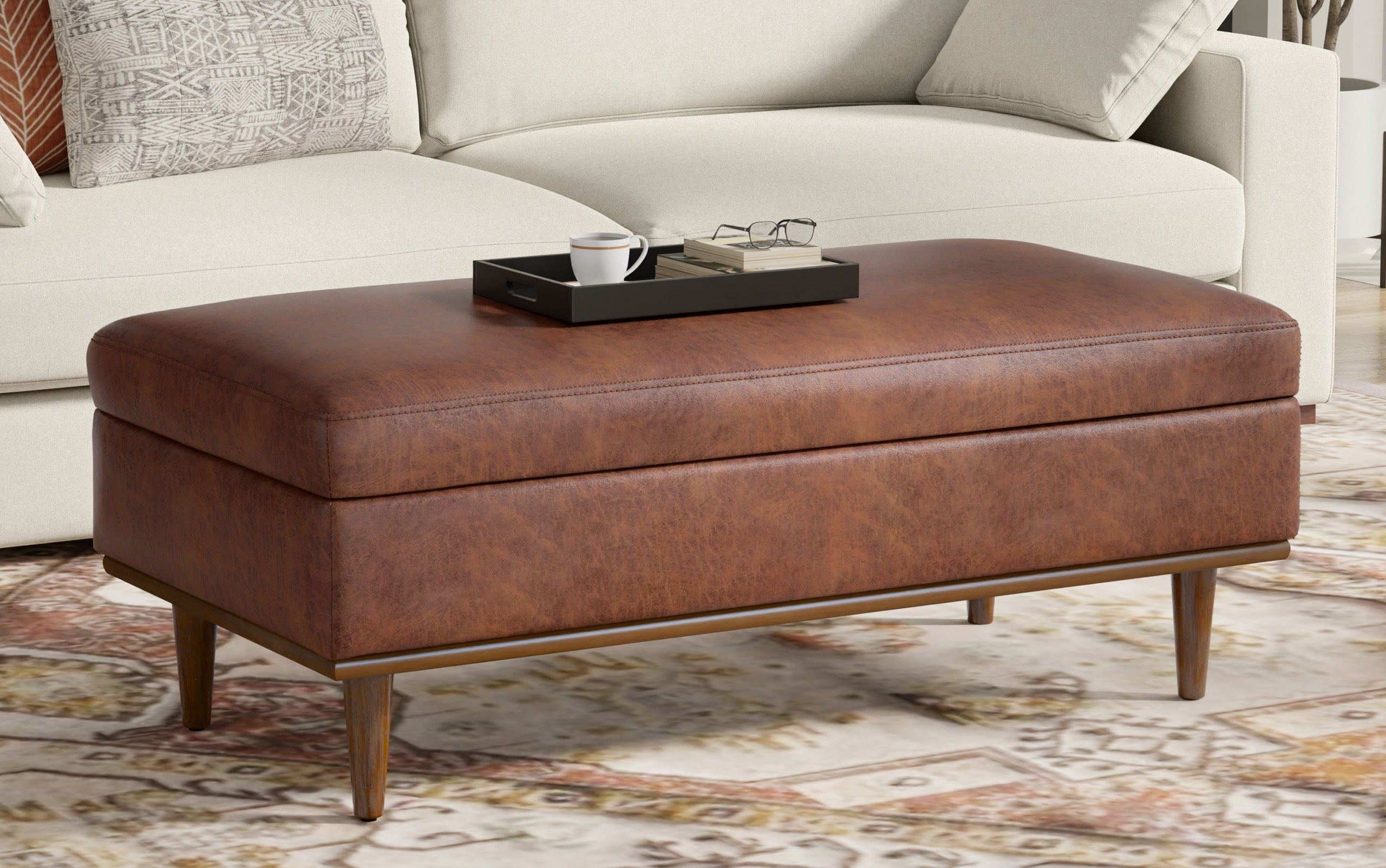 Distressed Saddle Brown Distressed Vegan Leather | Shiloh Rectangular Storage Ottoman
