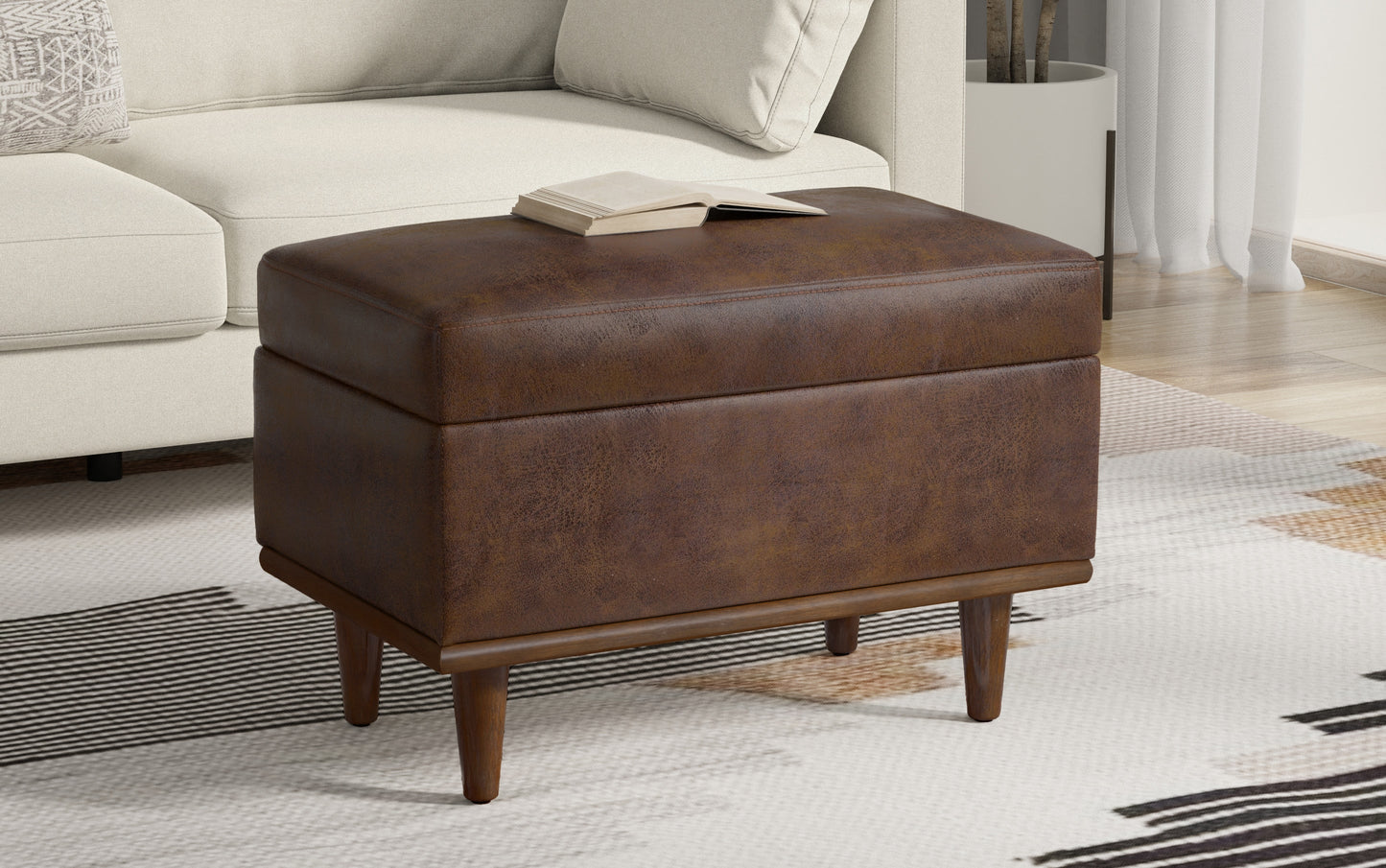 Distressed Chestnut Brown Distressed Vegan Leather | Shiloh Small Storage Ottoman in Distressed Vegan Leather