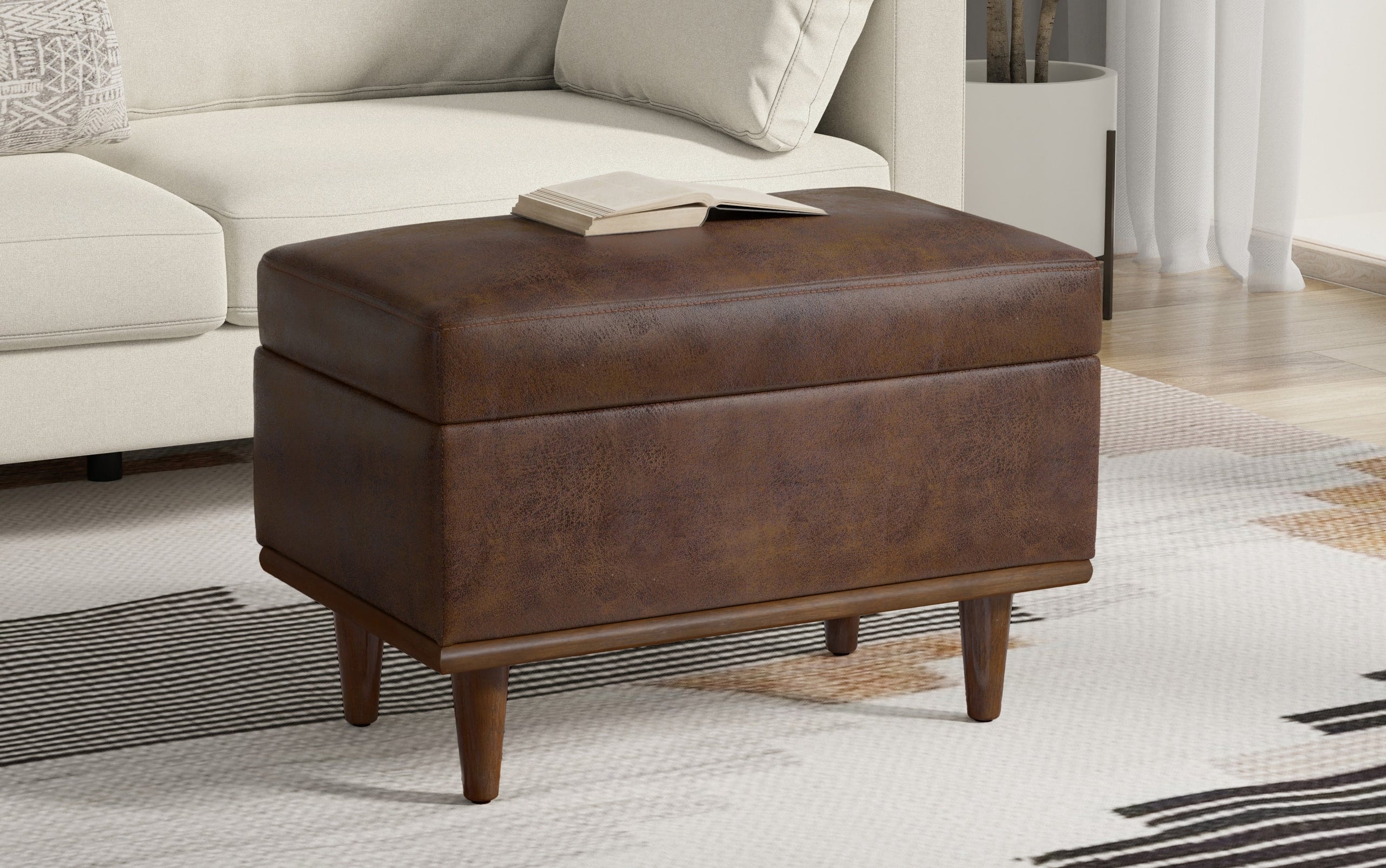 Distressed Chestnut Brown Distressed Vegan Leather | Shiloh Small Storage Ottoman in Distressed Vegan Leather