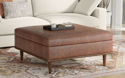 Distressed Saddle Brown Distressed Vegan Leather | Shiloh Square Storage Ottoman