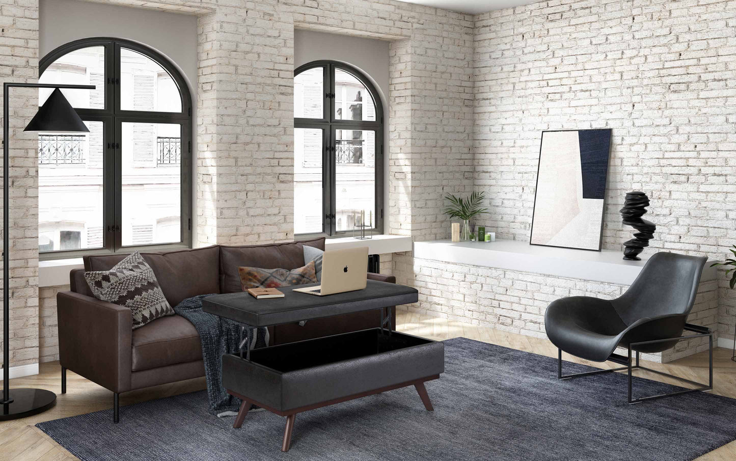 Distressed Black Distressed Vegan Leather | Owen Lift Top Large Coffee Table Storage Ottoman