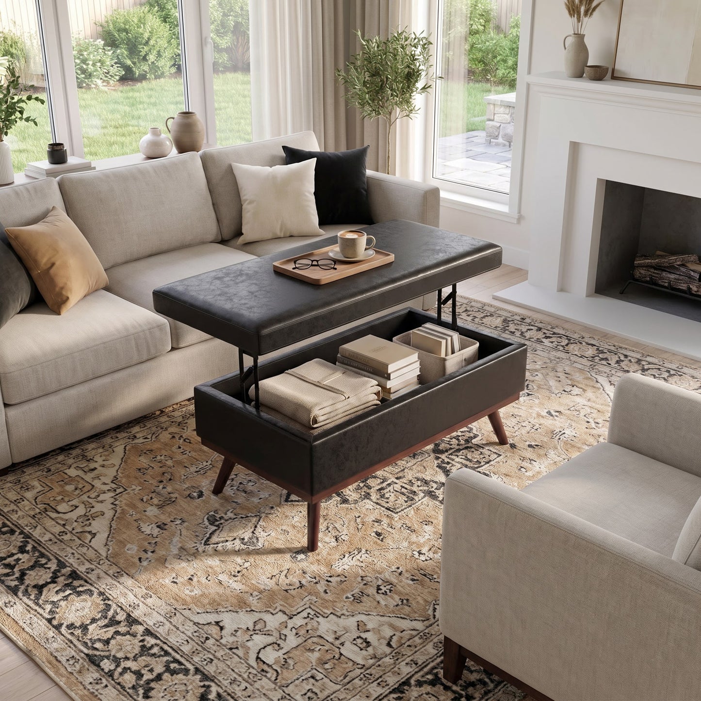 Distressed Black Distressed Vegan Leather | Owen Lift Top Large Coffee Table Storage Ottoman