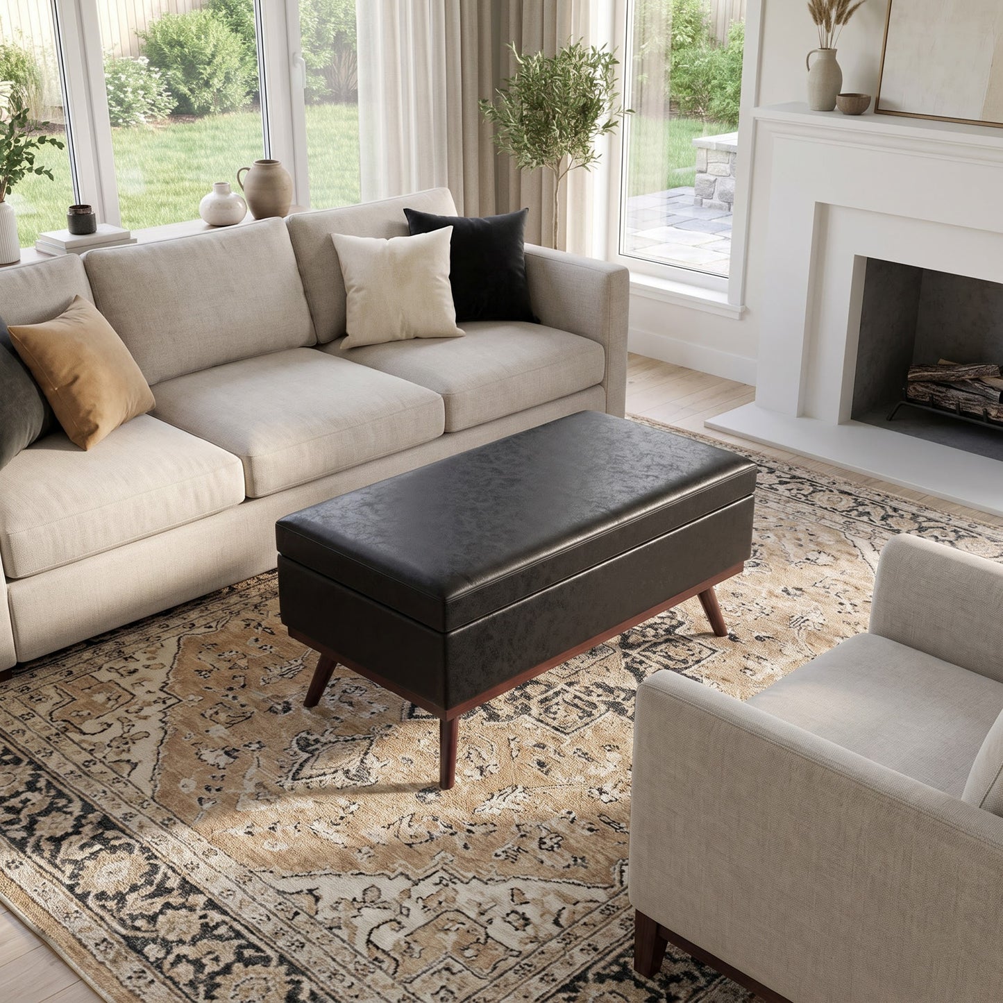 Distressed Black Distressed Vegan Leather | Owen Lift Top Large Coffee Table Storage Ottoman