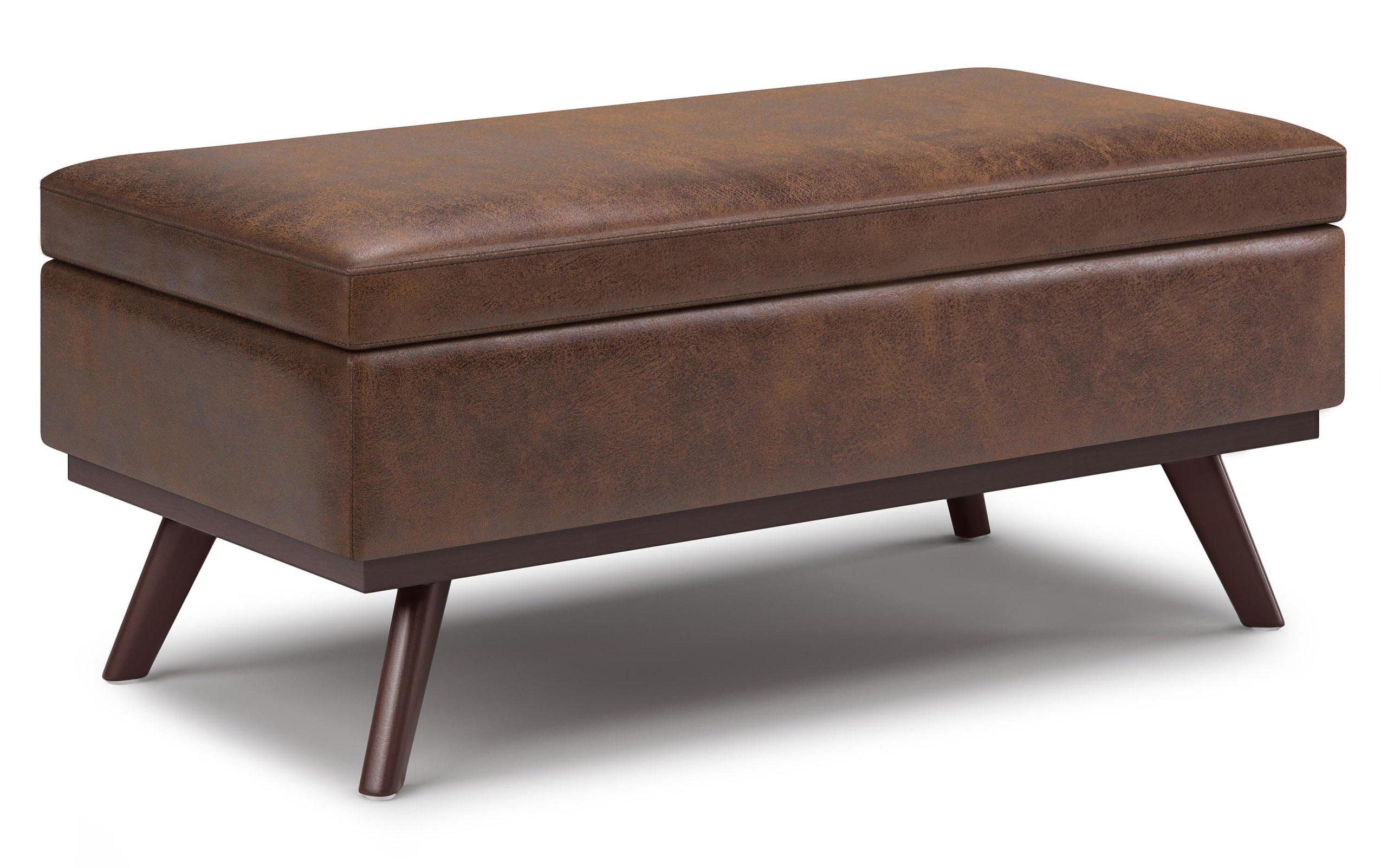 Distressed Chestnut Brown Distressed Vegan Leather | Owen Lift Top Large Coffee Table Storage Ottoman