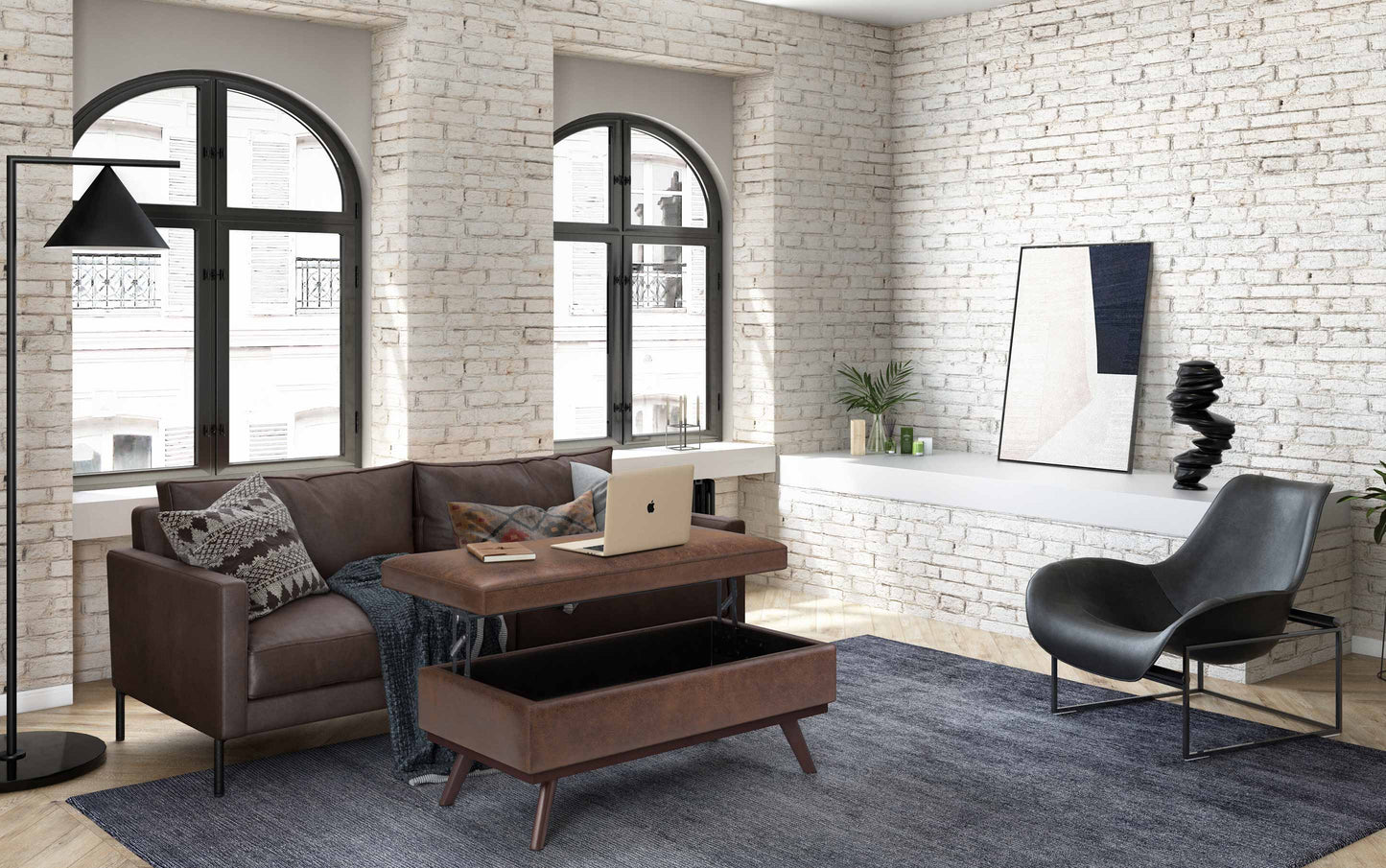 Distressed Chestnut Brown Distressed Vegan Leather | Owen Lift Top Large Coffee Table Storage Ottoman