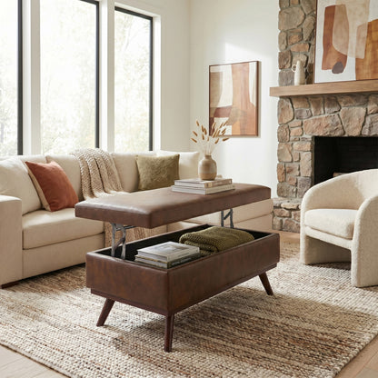 Distressed Chestnut Brown Distressed Vegan Leather | Owen Lift Top Large Coffee Table Storage Ottoman