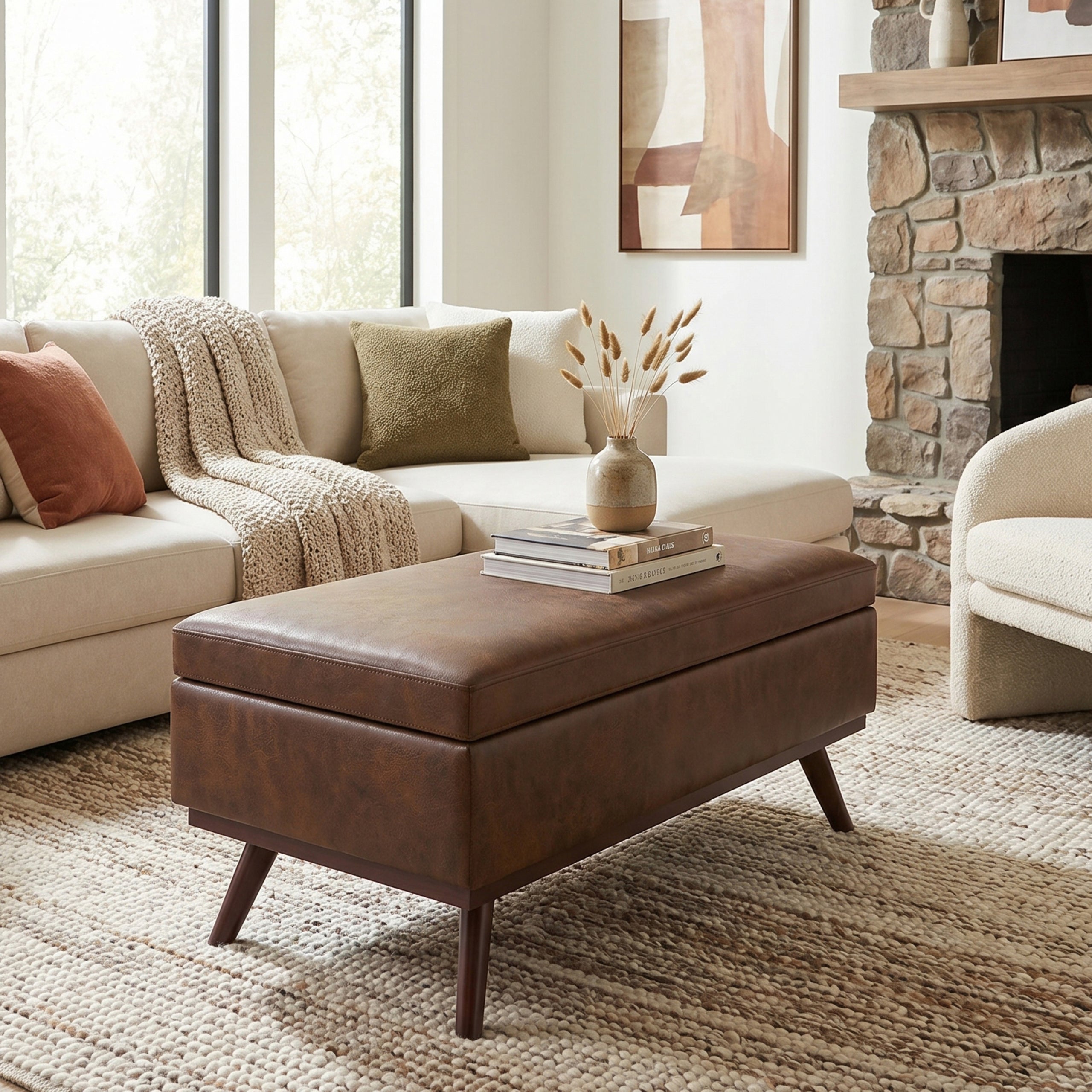 Distressed Chestnut Brown Distressed Vegan Leather | Owen Lift Top Large Coffee Table Storage Ottoman