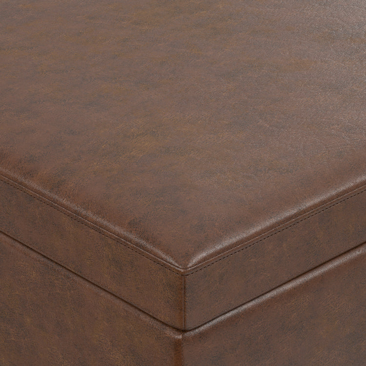 Distressed Chestnut Brown Distressed Vegan Leather | Owen Lift Top Large Coffee Table Storage Ottoman