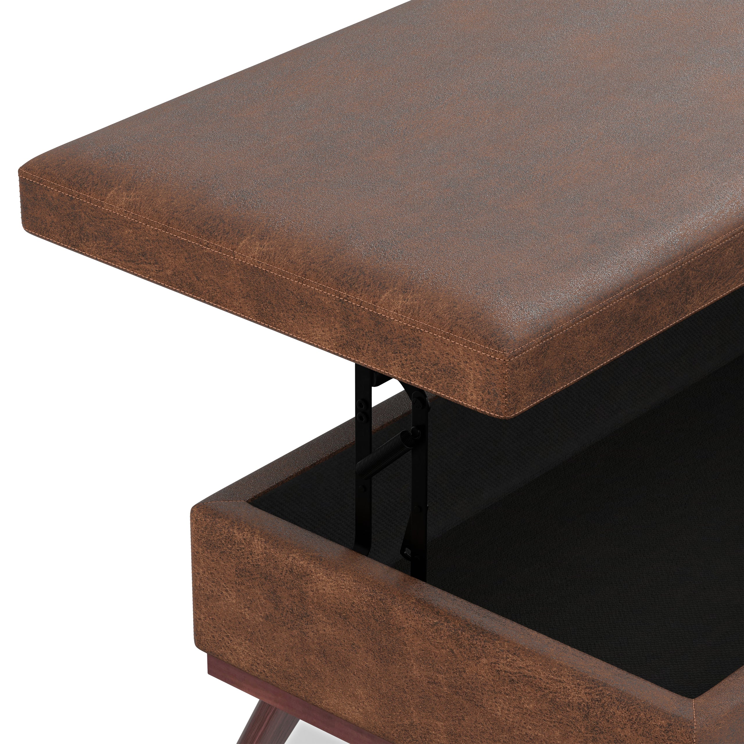 Distressed Chestnut Brown Distressed Vegan Leather | Owen Lift Top Large Coffee Table Storage Ottoman