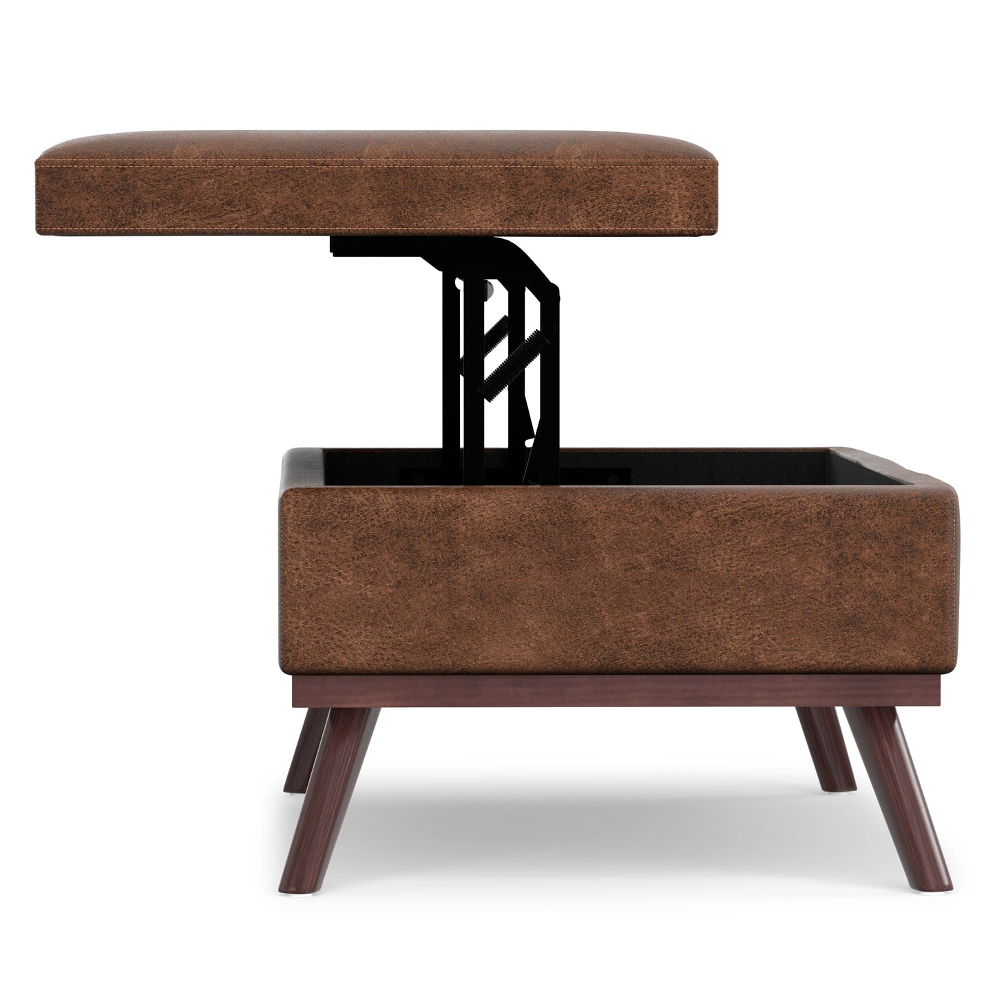 Distressed Chestnut Brown Distressed Vegan Leather | Owen Lift Top Large Coffee Table Storage Ottoman