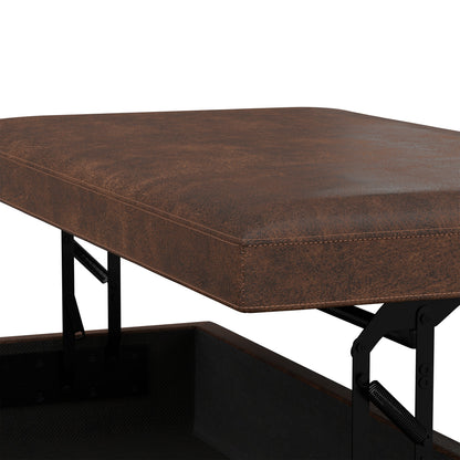 Distressed Chestnut Brown Distressed Vegan Leather | Owen Lift Top Large Coffee Table Storage Ottoman