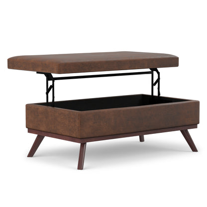 Distressed Chestnut Brown Distressed Vegan Leather | Owen Lift Top Large Coffee Table Storage Ottoman