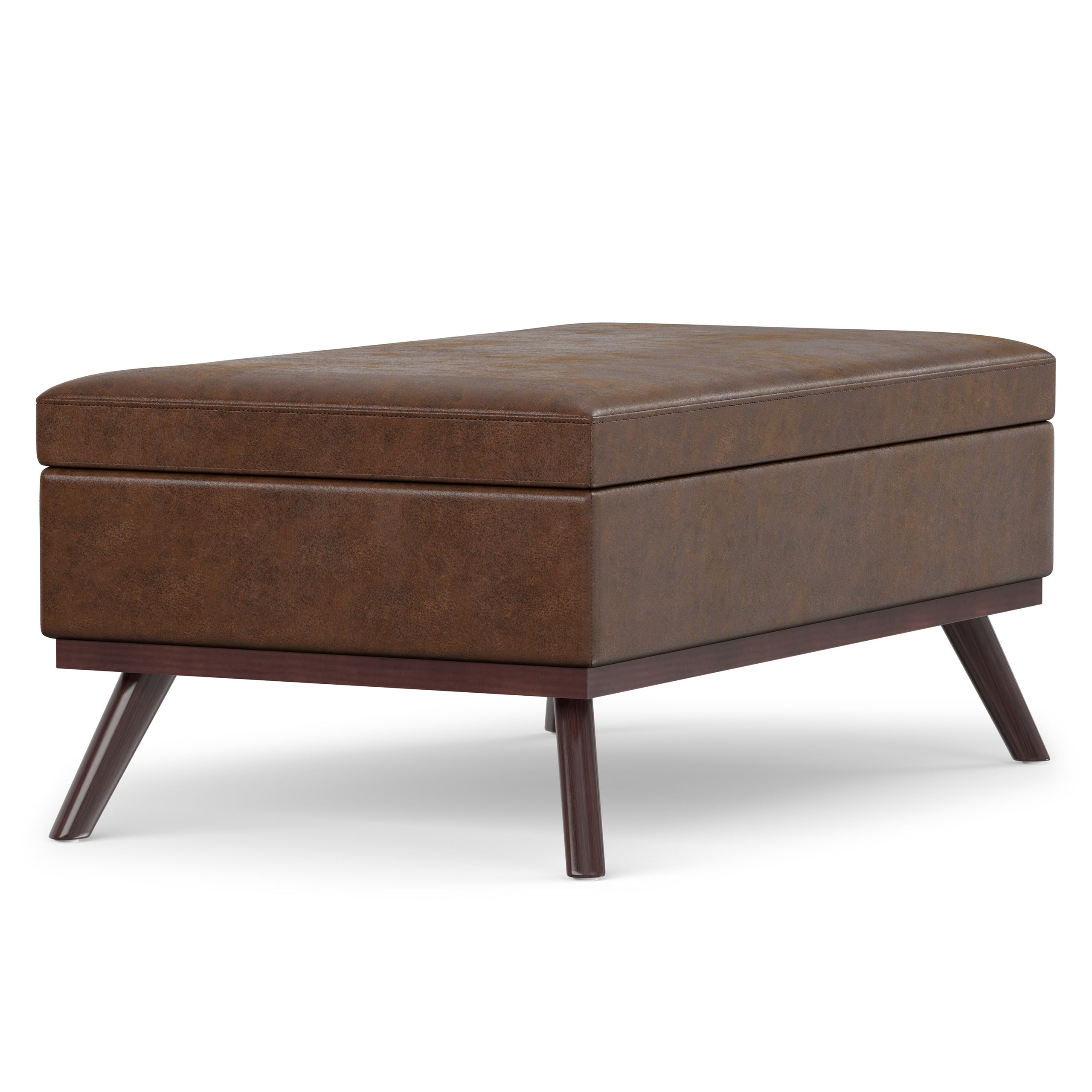 Distressed Chestnut Brown Distressed Vegan Leather | Owen Lift Top Large Coffee Table Storage Ottoman