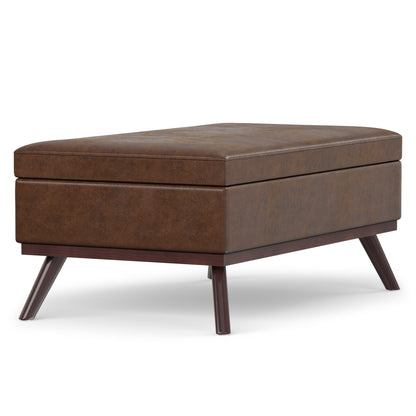 Distressed Chestnut Brown Distressed Vegan Leather | Owen Lift Top Large Coffee Table Storage Ottoman