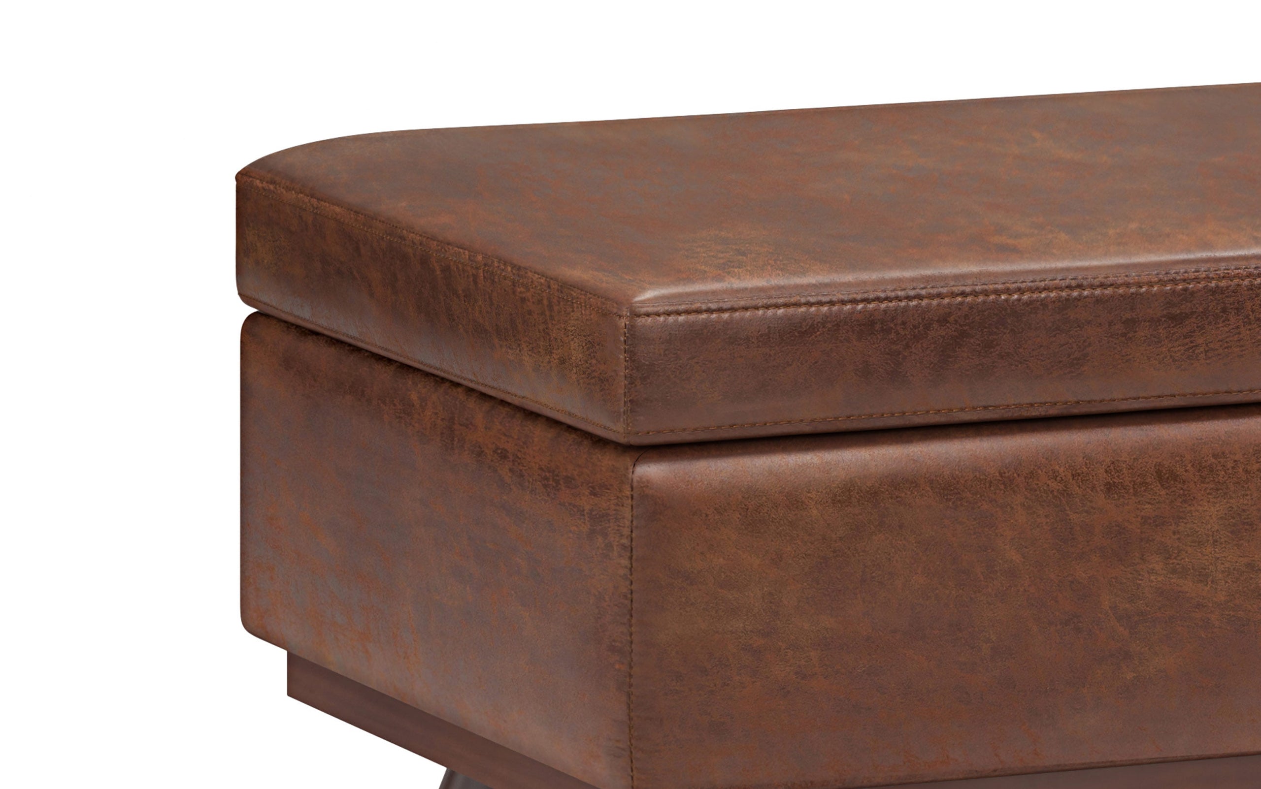 Distressed Saddle Brown Distressed Vegan Leather | Owen Lift Top Large Coffee Table Storage Ottoman