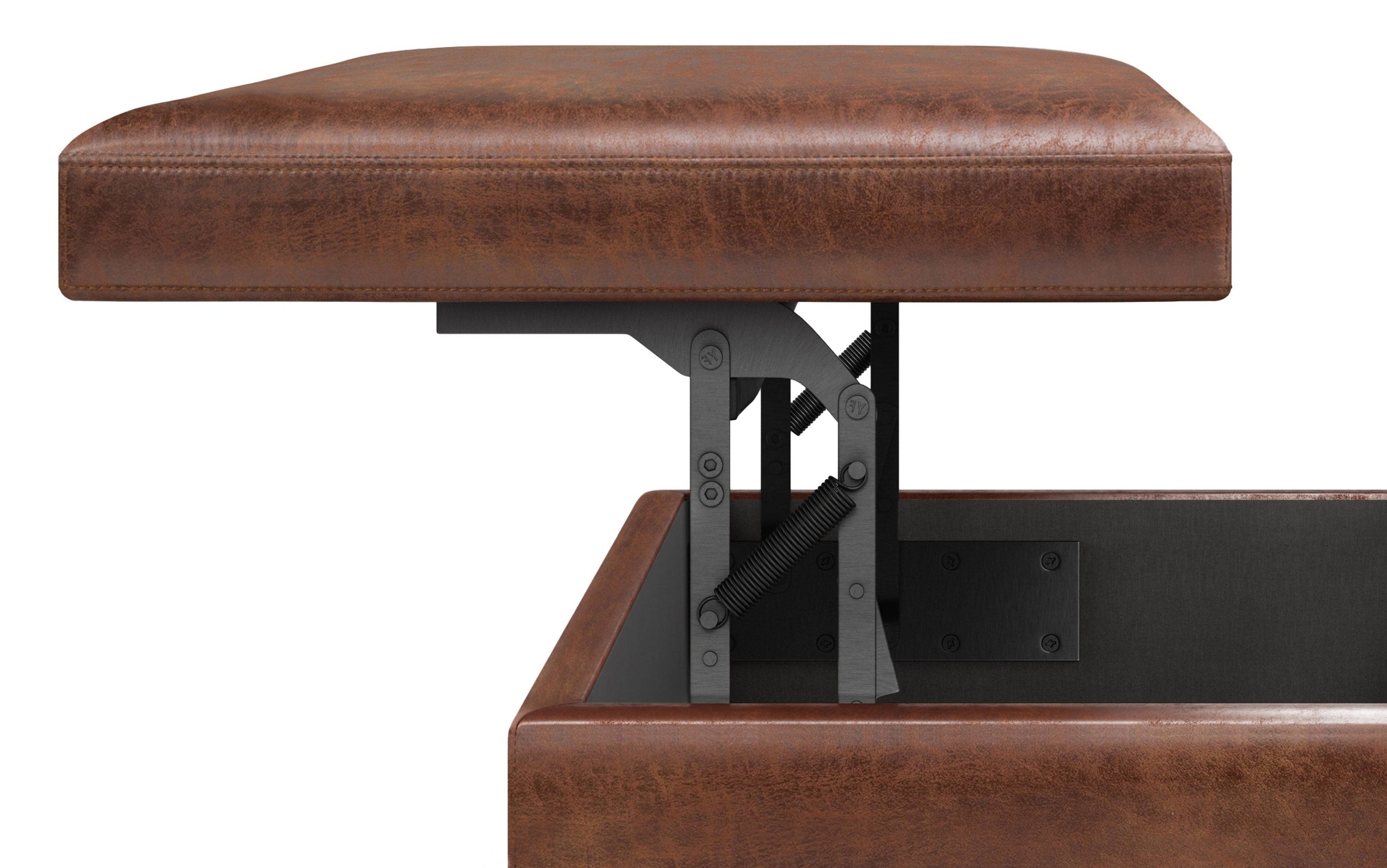 Distressed Saddle Brown Distressed Vegan Leather | Owen Lift Top Large Coffee Table Storage Ottoman