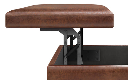 Distressed Saddle Brown Distressed Vegan Leather | Owen Lift Top Large Coffee Table Storage Ottoman