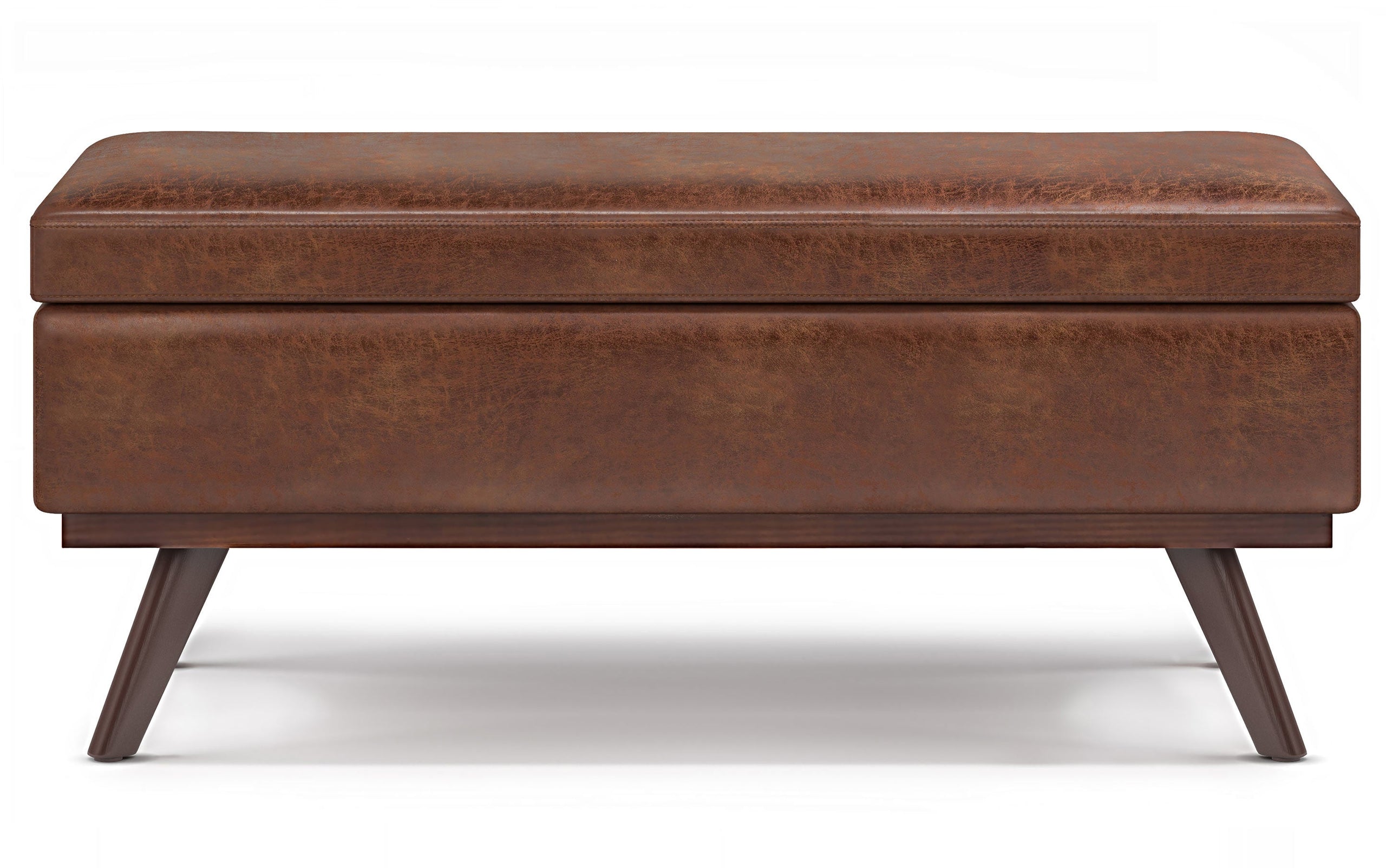 Distressed Saddle Brown Distressed Vegan Leather | Owen Lift Top Large Coffee Table Storage Ottoman