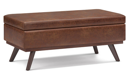 Distressed Saddle Brown Distressed Vegan Leather | Owen Lift Top Large Coffee Table Storage Ottoman