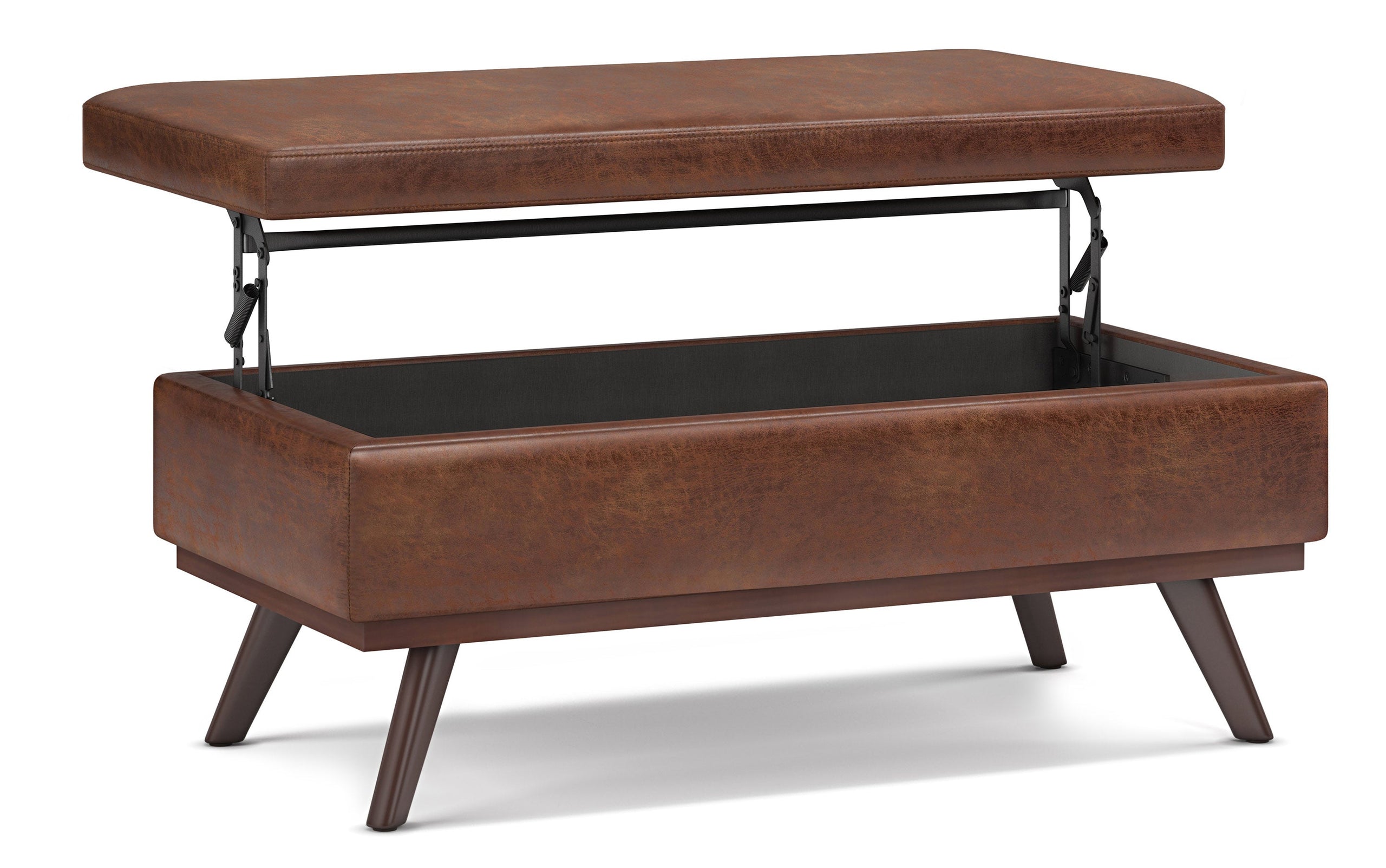 Distressed Saddle Brown Distressed Vegan Leather | Owen Lift Top Large Coffee Table Storage Ottoman