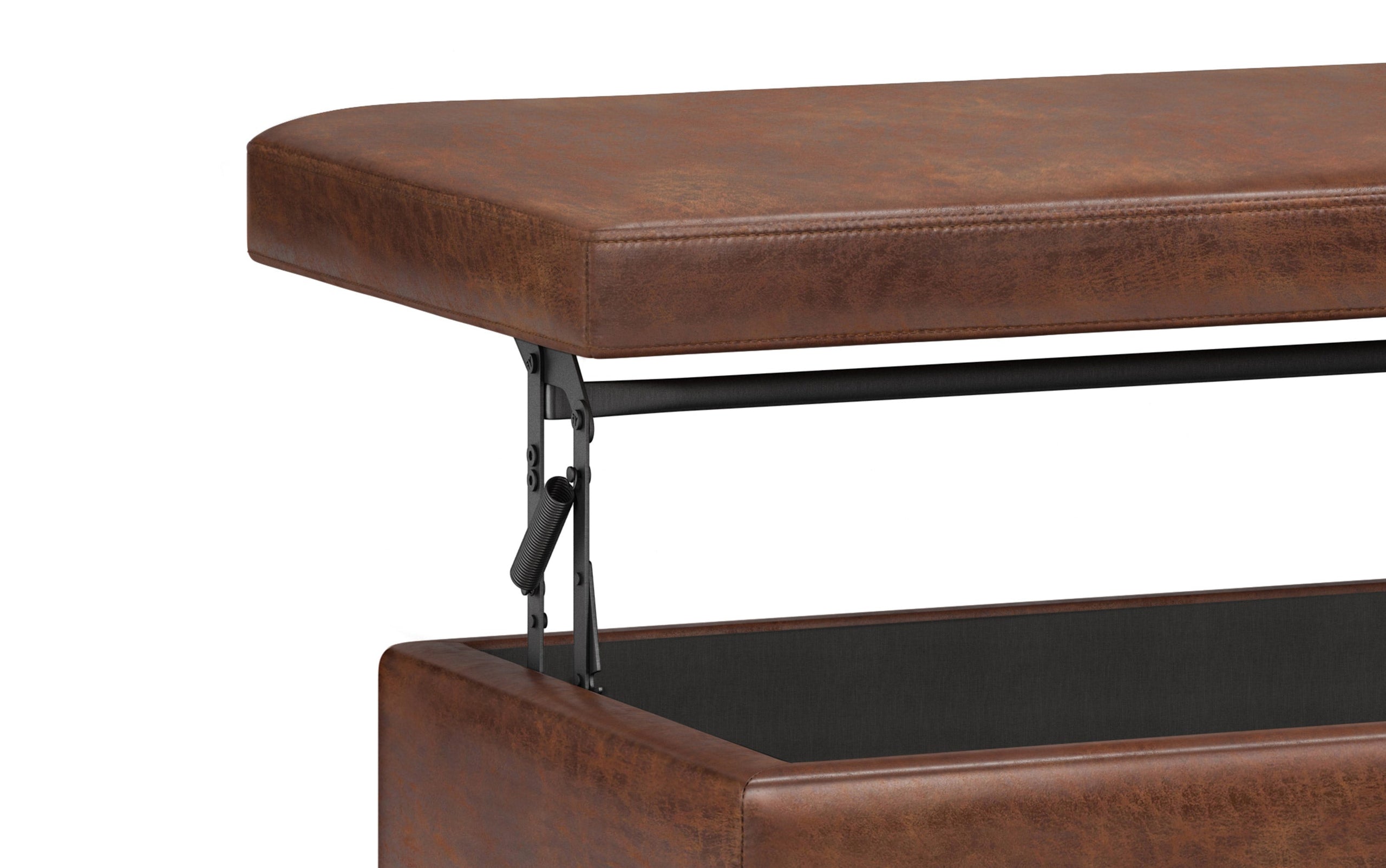 Distressed Saddle Brown Distressed Vegan Leather | Owen Lift Top Large Coffee Table Storage Ottoman