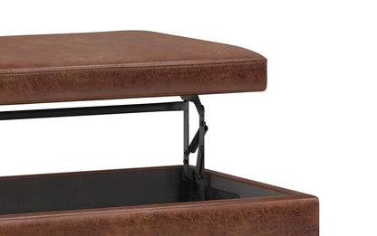 Distressed Saddle Brown Distressed Vegan Leather | Owen Lift Top Large Coffee Table Storage Ottoman