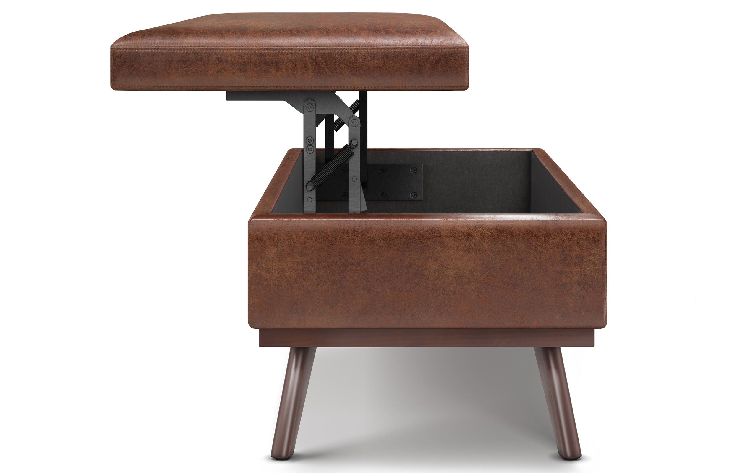 Distressed Saddle Brown Distressed Vegan Leather | Owen Lift Top Large Coffee Table Storage Ottoman