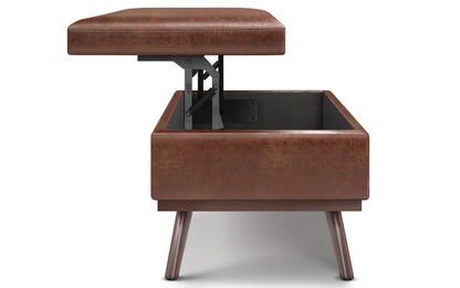 Distressed Saddle Brown Distressed Vegan Leather | Owen Lift Top Large Coffee Table Storage Ottoman