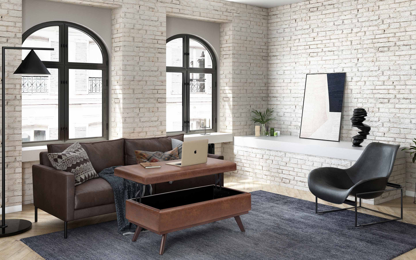 Distressed Saddle Brown Distressed Vegan Leather | Owen Lift Top Large Coffee Table Storage Ottoman