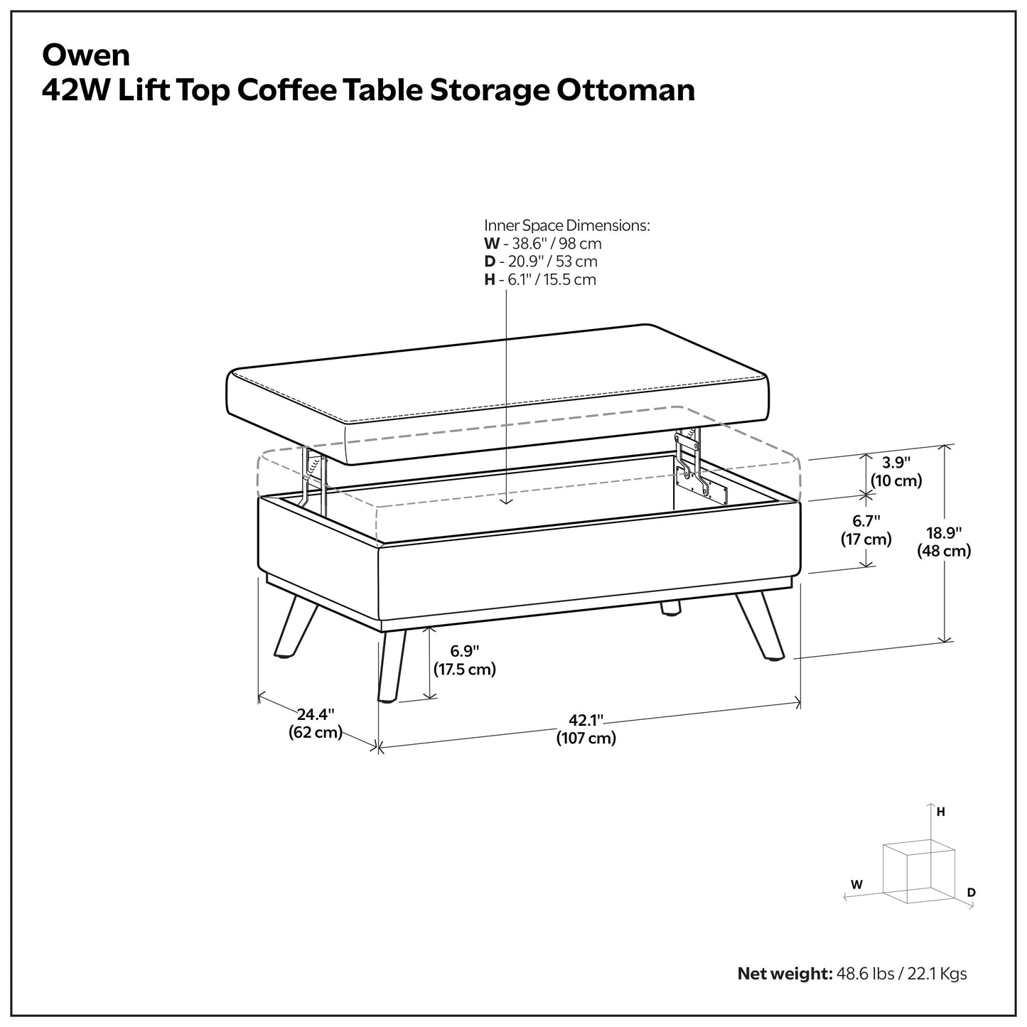 Distressed Saddle Brown Distressed Vegan Leather | Owen Lift Top Large Coffee Table Storage Ottoman