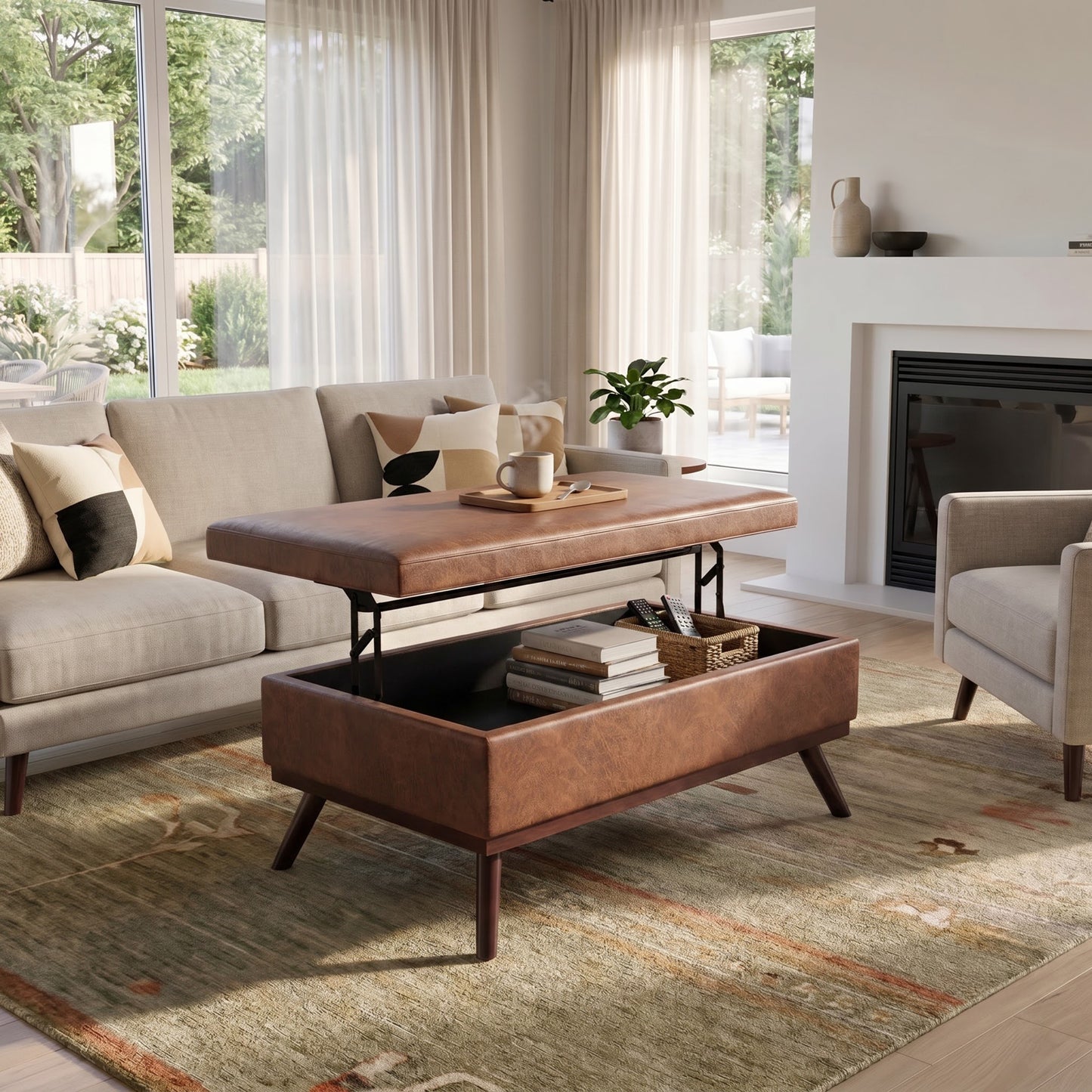 Distressed Saddle Brown Distressed Vegan Leather | Owen Lift Top Large Coffee Table Storage Ottoman