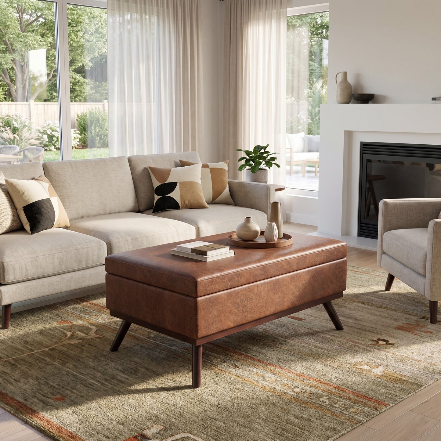 Distressed Saddle Brown Distressed Vegan Leather | Owen Lift Top Large Coffee Table Storage Ottoman