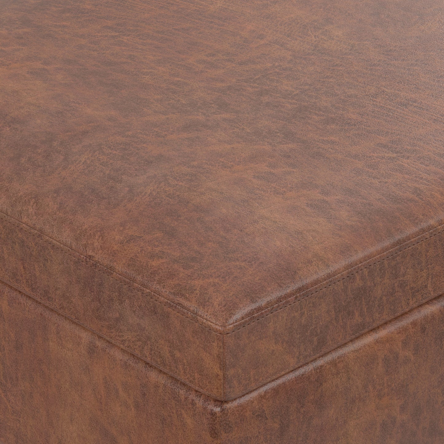 Distressed Saddle Brown Distressed Vegan Leather | Owen Lift Top Large Coffee Table Storage Ottoman