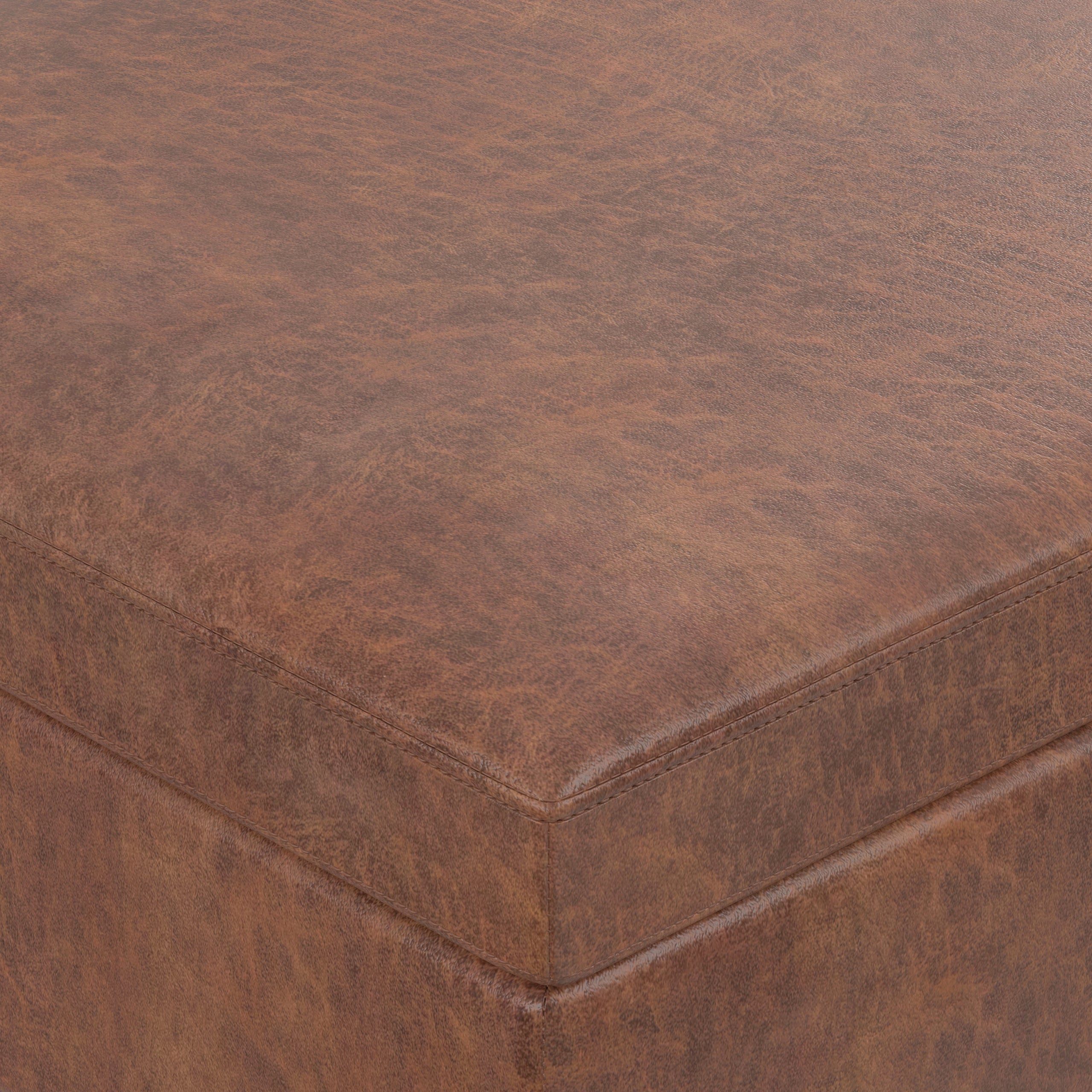Distressed Saddle Brown Distressed Vegan Leather | Owen Lift Top Large Coffee Table Storage Ottoman