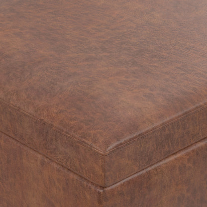 Distressed Saddle Brown Distressed Vegan Leather | Owen Lift Top Large Coffee Table Storage Ottoman
