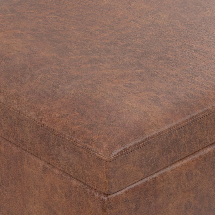 Distressed Saddle Brown Distressed Vegan Leather | Owen Lift Top Large Coffee Table Storage Ottoman