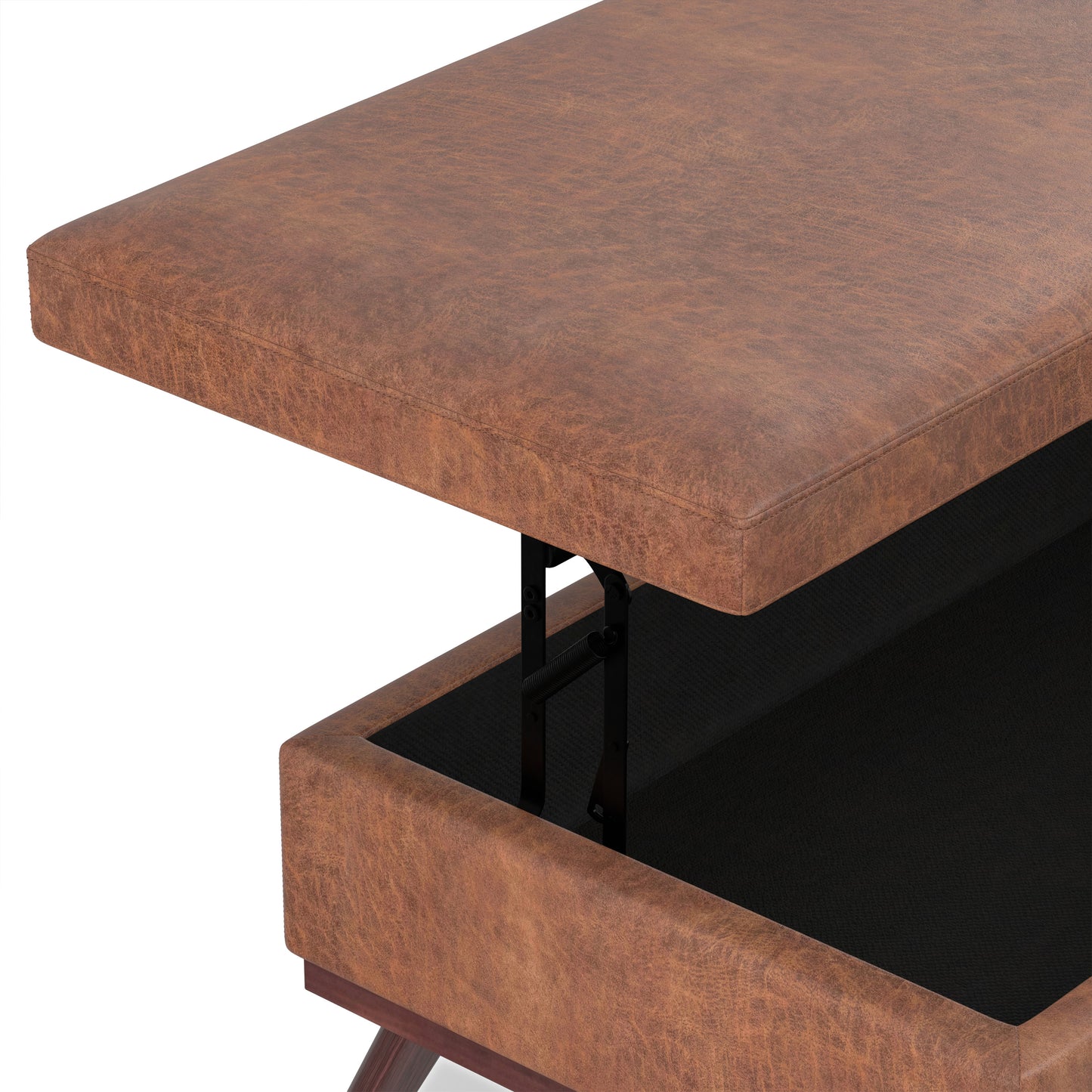 Distressed Saddle Brown Distressed Vegan Leather | Owen Lift Top Large Coffee Table Storage Ottoman