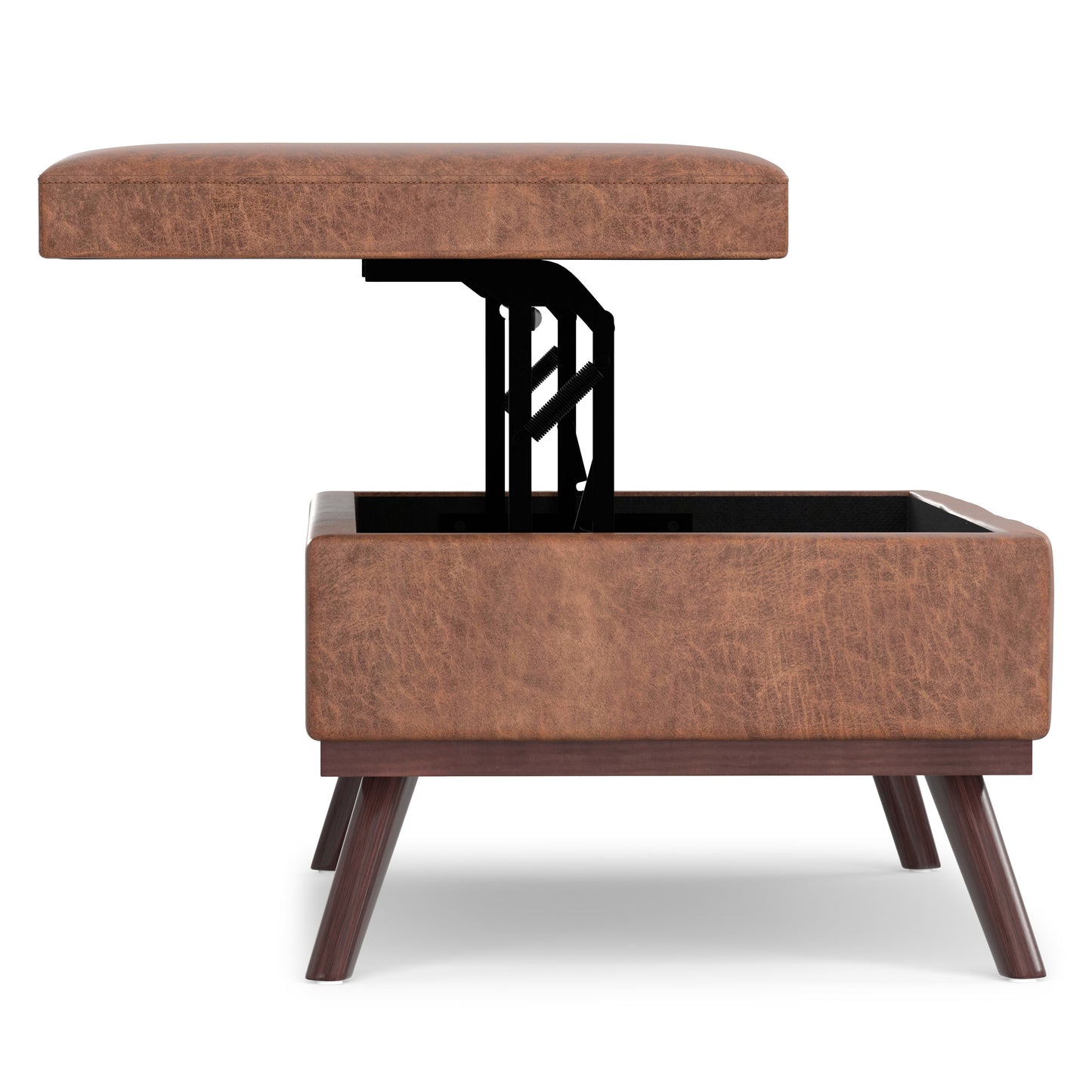 Distressed Saddle Brown Distressed Vegan Leather | Owen Lift Top Large Coffee Table Storage Ottoman