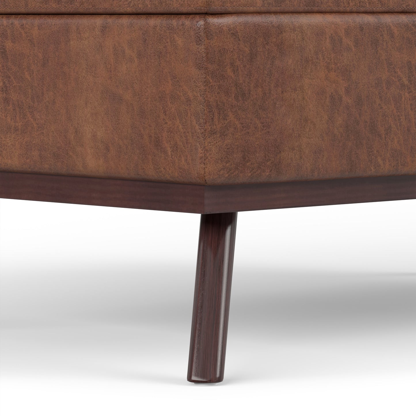 Distressed Saddle Brown Distressed Vegan Leather | Owen Lift Top Large Coffee Table Storage Ottoman