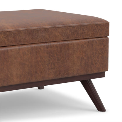 Distressed Saddle Brown Distressed Vegan Leather | Owen Lift Top Large Coffee Table Storage Ottoman