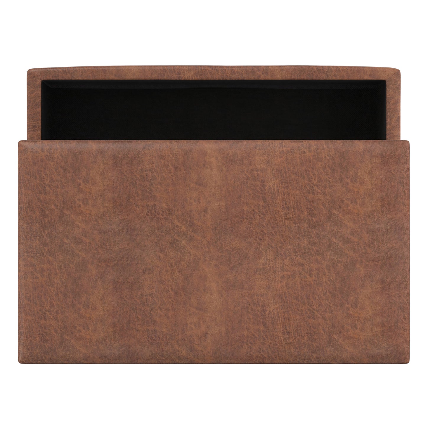 Distressed Saddle Brown Distressed Vegan Leather | Owen Lift Top Large Coffee Table Storage Ottoman