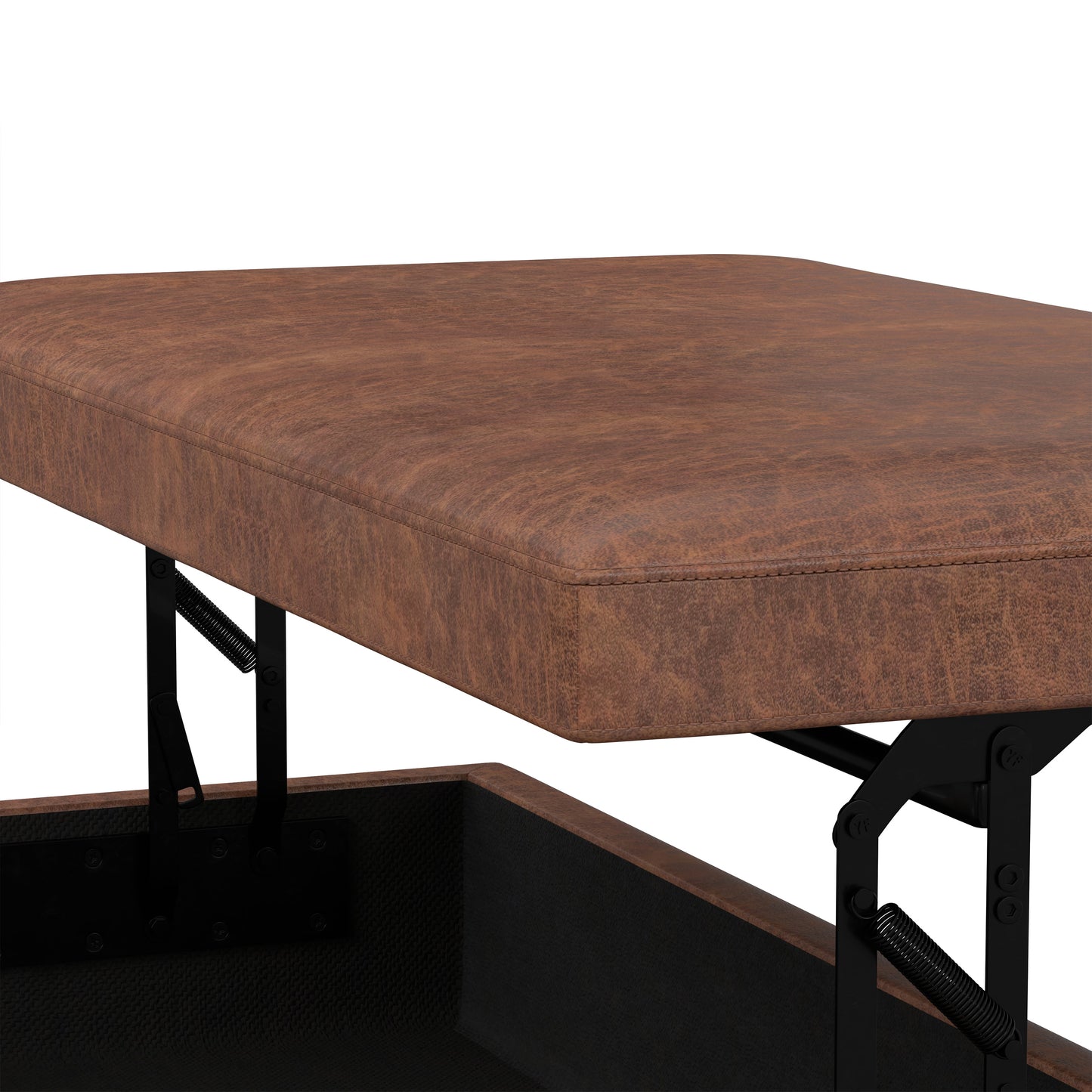 Distressed Saddle Brown Distressed Vegan Leather | Owen Lift Top Large Coffee Table Storage Ottoman