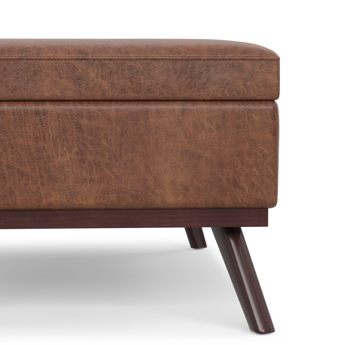 Distressed Saddle Brown Distressed Vegan Leather | Owen Lift Top Large Coffee Table Storage Ottoman