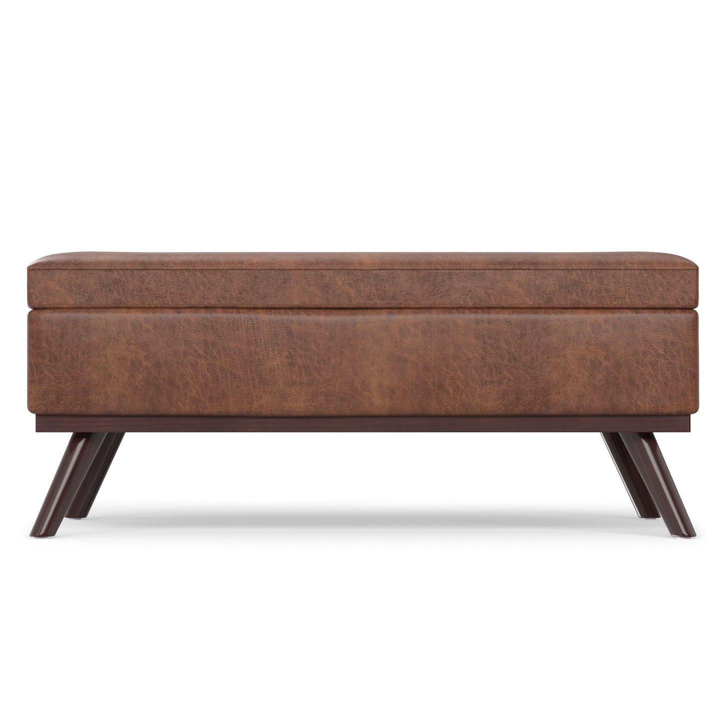 Distressed Saddle Brown Distressed Vegan Leather | Owen Lift Top Large Coffee Table Storage Ottoman